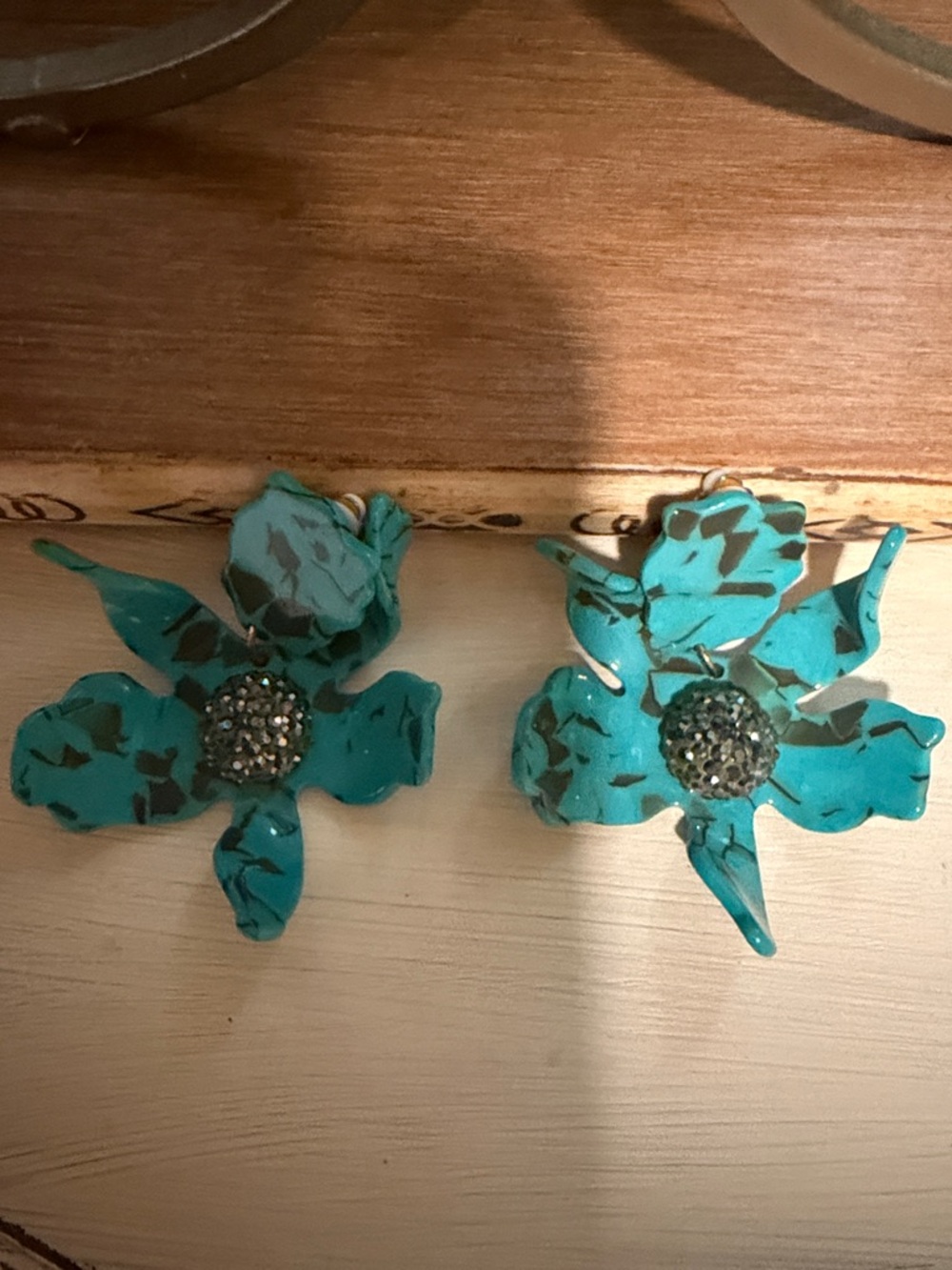 Lele Sadoughi Turquoise Flower Drop Earrings with Rhinestone Centers